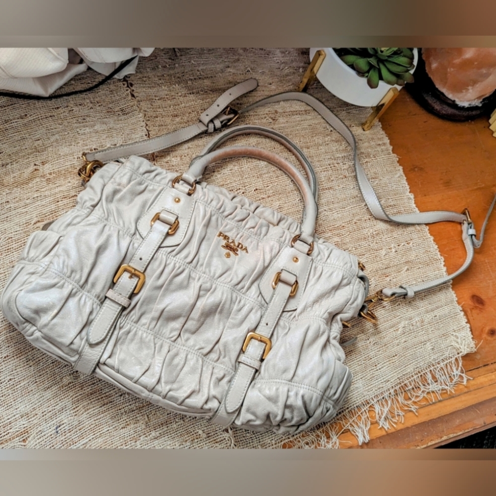 Prada Tessuto Gaufre Satchel Bag - Leather Bone White